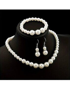Pearl Necklace Earrings Bracelet 4pc Set Rhinestone Dangle Elegant Stylish Glam